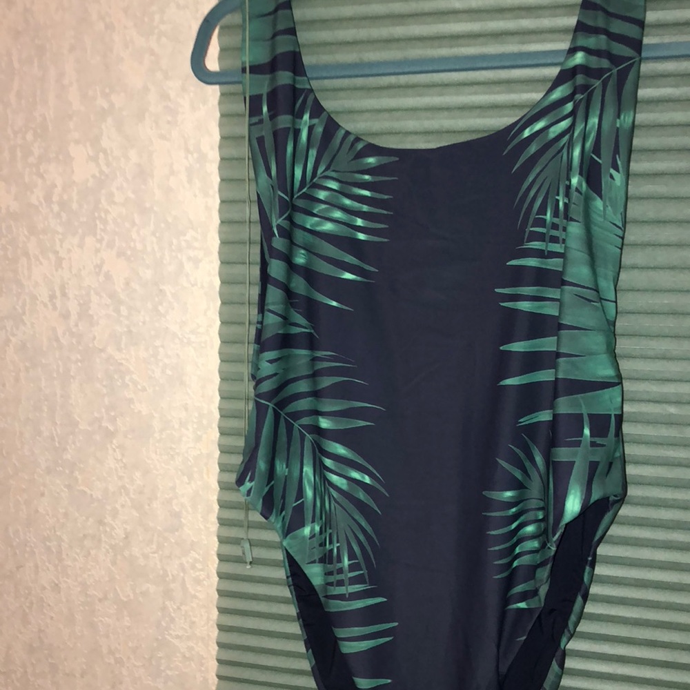 aerie super scoop one piece palms on navy swimsuit